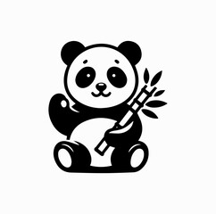 Obraz premium Black Vector Logo of Happy Panda Sitting and Eating Bamboo — Cute Animal Mascot for Kids or Eco-Friendly Branding