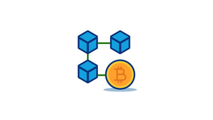 Glossy blockchain icon with connected cubes and bitcoin coin, ideal for cryptocurrency and decentralized finance visuals