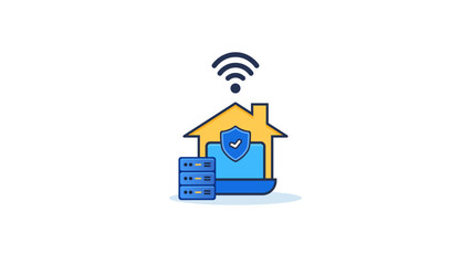 Glossy smart home icon with wifi, shield, and server, representing secure connected house and digital network system