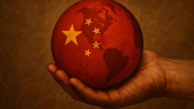 Hand holding sphere displaying Chinese flag symbolizing China's growing global influence and geopolitical power in world affairs. Drawing animation