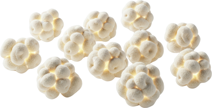 Cluster of illuminated organic glowing spherical forms with soft texture isolate