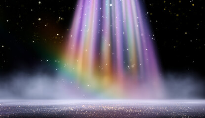 Dark stage with rainbow spotlight beams and glowing glitter haze for magical or pride-themed design background
