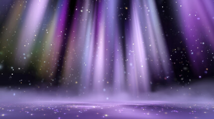 Soft rainbow stage lights with sparkles and pastel mist beams for magical or holiday fantasy theme