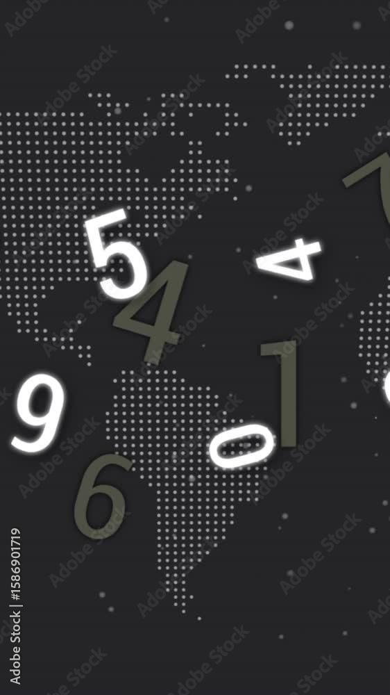 Poster animation of numbers floating over world map with digital dot pattern background