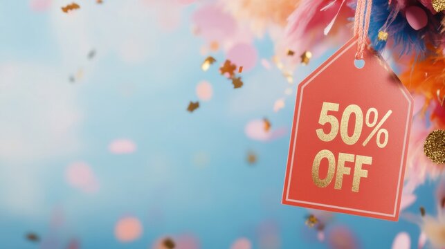 Special discount tag hanging amidst colorful decorations for a sale event