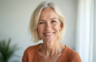 Smiling mature woman, likely over 50, with blonde hair, looking directly at camera. Joyful expression suggests might participating in video call, online chat, job interview. Wearing orange sweater,