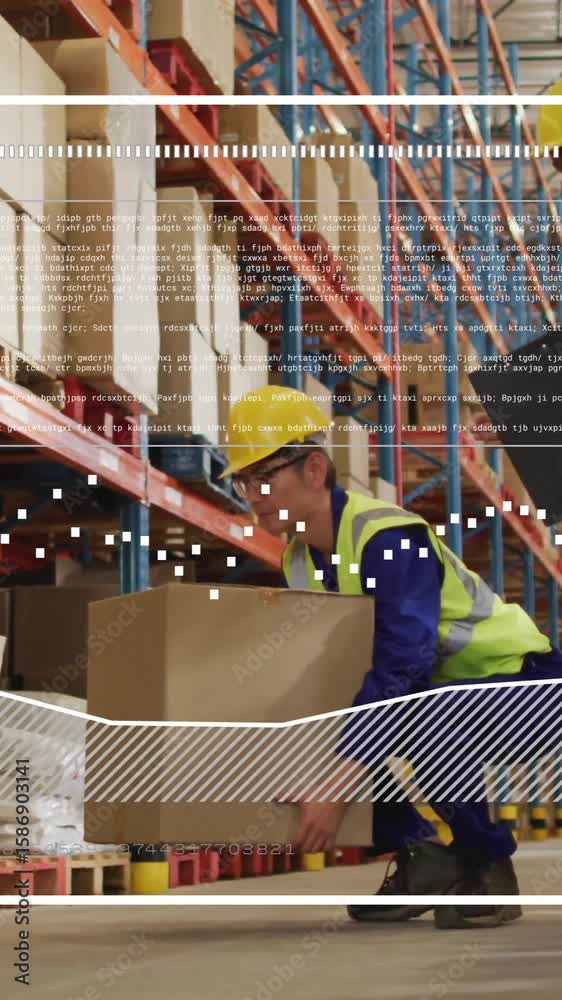 Poster handling boxes in warehouse, workers with data processing animation overlay