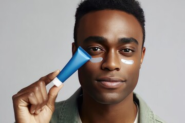 Man applying eye cream under his eyes.