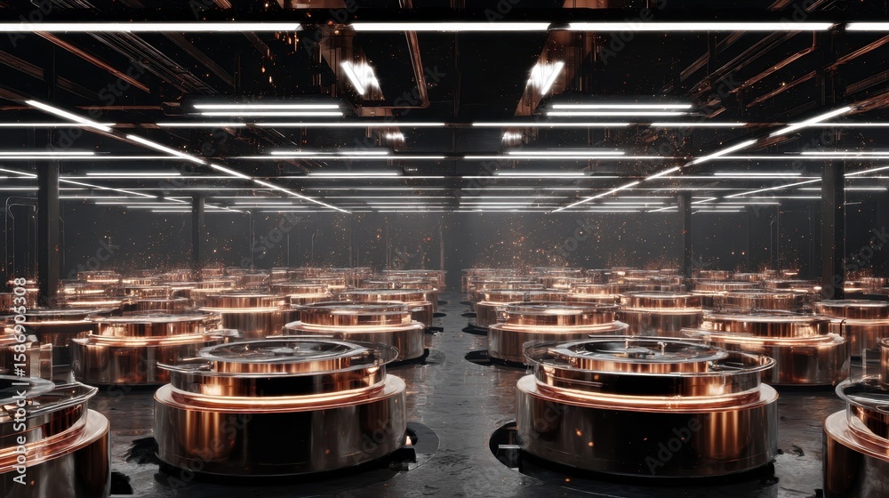 Poster gleaming copper particles caught by energy efficient cyclonic components, creating sharp geometric c
