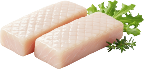 Two rectangular raw white fish fillets with diamond score marks garnishes of lettuce and thyme isolate