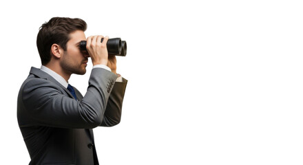 Fototapeta premium Businessman in suit using binoculars, looking into the distance.