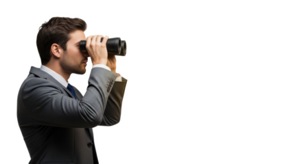 Businessman in suit using binoculars, looking into the distance.