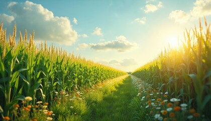 Sustainable agriculture path between corn rows with wild flowers in Netherlands. Organic farming practice promotes biodiversity, ecological balance with colorful flora in European countryside during