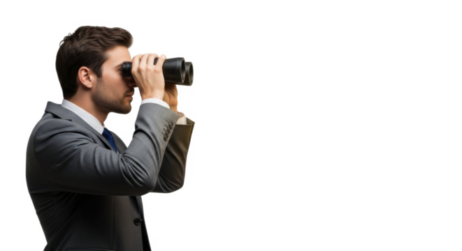 Businessman in suit using binoculars, looking into the distance.