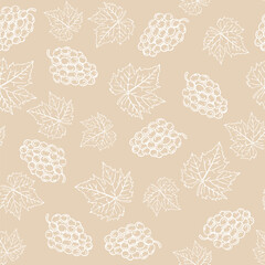 Seamless beige botanical vector pattern with hand drawn grapes for packaging, menus, wine-themed invitations, restaurant branding	