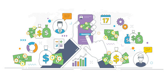 Mobile banking transfer and digital money management illustration.