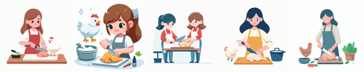 vector character of woman cutting chicken