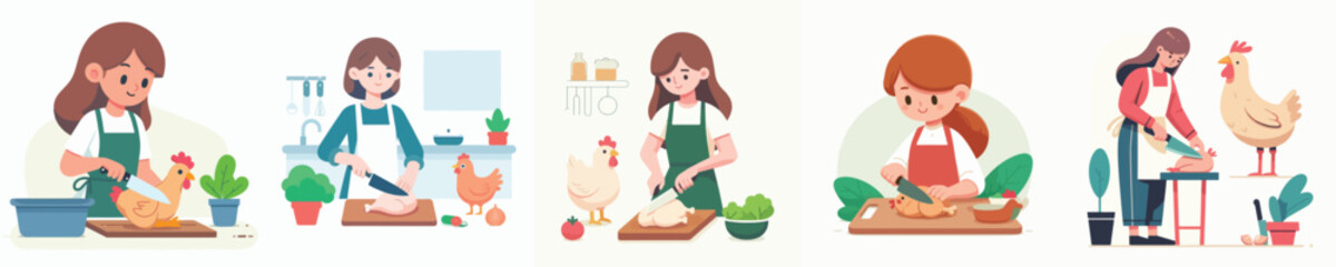 vector character of woman cutting chicken