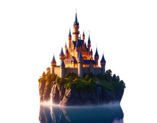 Sunset-lit fantasy castle on a floating island surrounded by glowing clouds