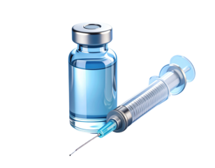  Syringe and medical vial placed diagonally on a reflective surface with soft blue gradient background