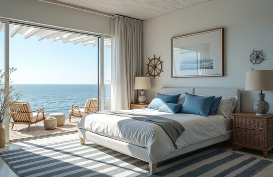 Modern bedroom interior with nautical theme offers stunning ocean views. Features a comfortable bed with blue accents, wood furniture, and striped rug. Two chairs on the balcony overlook the sea.