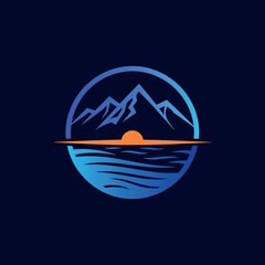 Scenic logo depicting a sunrise or sunset over mountains and a serene sea, framed in a circle. Ideal for travel, outdoor, or nature brands.