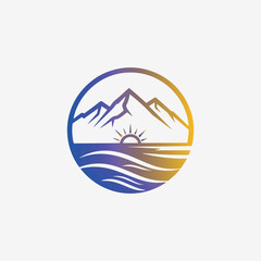  Vibrant logo of a sunrise over mountains and a tranquil lake or sea, framed in a circle. Ideal for outdoor, travel, or wellness brands.