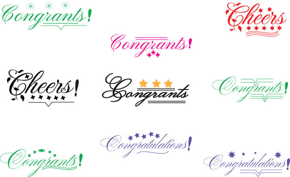 Congrants and Cheers lettering typography set. Features decorative text with stars and lines in various colors. Elegant calligraphy vectors for greeting cards, party invitations, and celebrations.