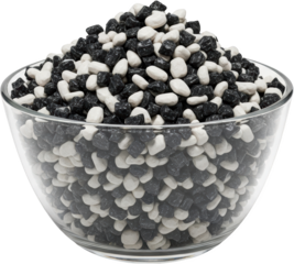 A glass bowl filled with black and white pebbles close up view rocks stones transparent background