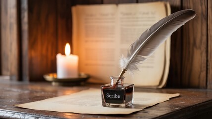 An elegant quill pen rests in an inkwell labeled 'Scribe,' with a candle and open book in the background, evoking a historical writing scene.