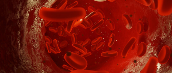 Microscopic View of Red Blood Cells Flowing in Artery 3D Render of Human Bloodstream Medical Science Concept