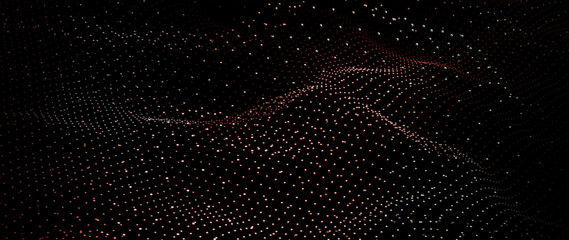 Abstract Dark Background with Red and Green Glowing Dots Digital Art Particle Wave Technology Concept