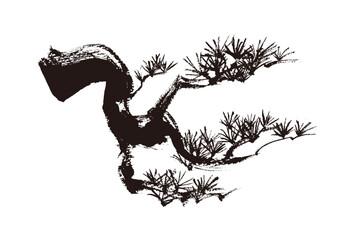 松の和風手書き筆イラスト　墨絵モノクロ