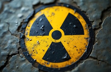 Fototapeta premium Textured black, yellow radioactive symbol shows caution, danger. Uranium context, nuclear hazard warning sign. Radiation alert icon on weathered surface. High contrast circle design for science,