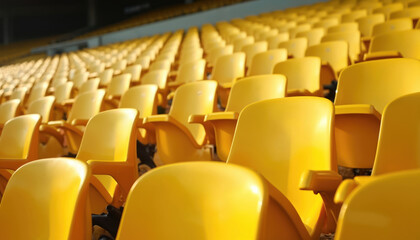 Rows of bright yellow stadium seats. Plastic chairs arranged in sequence for spectators at sports games, concerts, events. Empty arena seating reflects bright lighting, suggesting anticipation for
