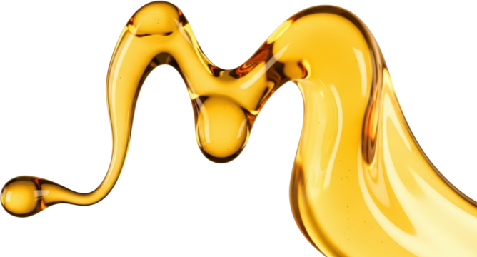 Viscous golden liquid splash with smooth curves and drops isolate yellow