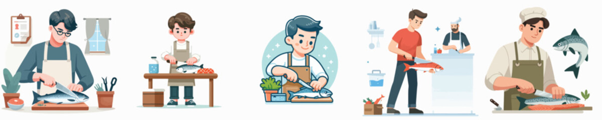 vector character of young man cutting fish