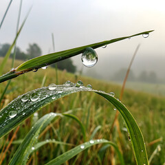 Dewdrops glisten on blades of grass in a serene outdoor setting, showcasing the beauty of nature with water droplets reflecting the surrounding landscape in a peaceful, calming morning scene.