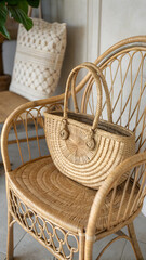 A woven rattan handbag sits elegantly on a wicker chair, showcasing natural texture and bohemian style, perfect for fashion, accessories, summer vibes, and interior design inspiration