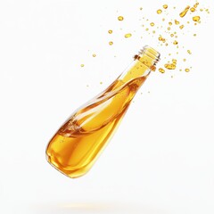 Fototapeta premium Glass bottle with golden liquid splashing out isolated on white background