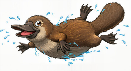 Cute cartoon platypus swimming joyfully splashing water on a clean isolated white background