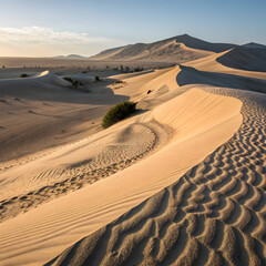 Golden sand dunes sprawl across a vast desert landscape under a clear blue sky, exhibiting the beauty of arid regions and the natural patterns created by wind and erosion.