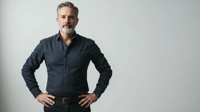 Confident middle-aged man with a beard standing with hands on hips. Professional businessman portrait isolated on a gray background with copy space.