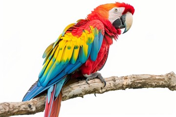 Vibrant tropical parrot perched on a branch, clean white background, isolated, feathers detailed, studio lighting.