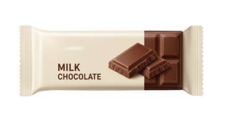 A creamy milk chocolate bar, neatly wrapped in off-white packaging, with a tempting glimpse of the chocolate inside.