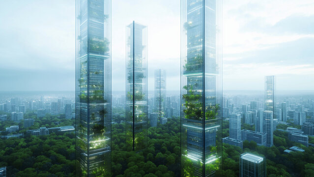 Futuristic Cityscape: Vertical Ecosystems and Crystal Skyscrapers