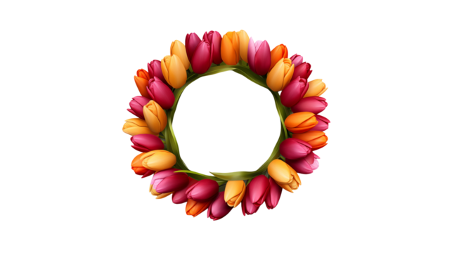A floral wreath of orange and pink tulips arranged in a circle on a black background with empty center