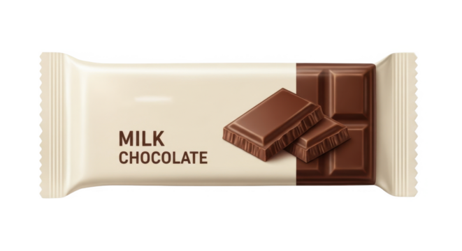 A creamy milk chocolate bar, neatly wrapped in off-white packaging, with a tempting glimpse of the chocolate inside.