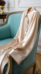 An elegant satin blouse rests gracefully on an antique teal chair, showcasing its luxurious texture and design in a soft, inviting light, perfect for fashion or lifestyle themes.
