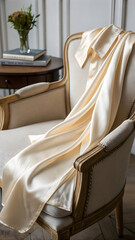 Creamy satin cascade graces an antique chair, bathed in soft light, accentuating the luxurious textile's drape, ideal for showcasing comfort, elegance, and refined home decor inspiration.